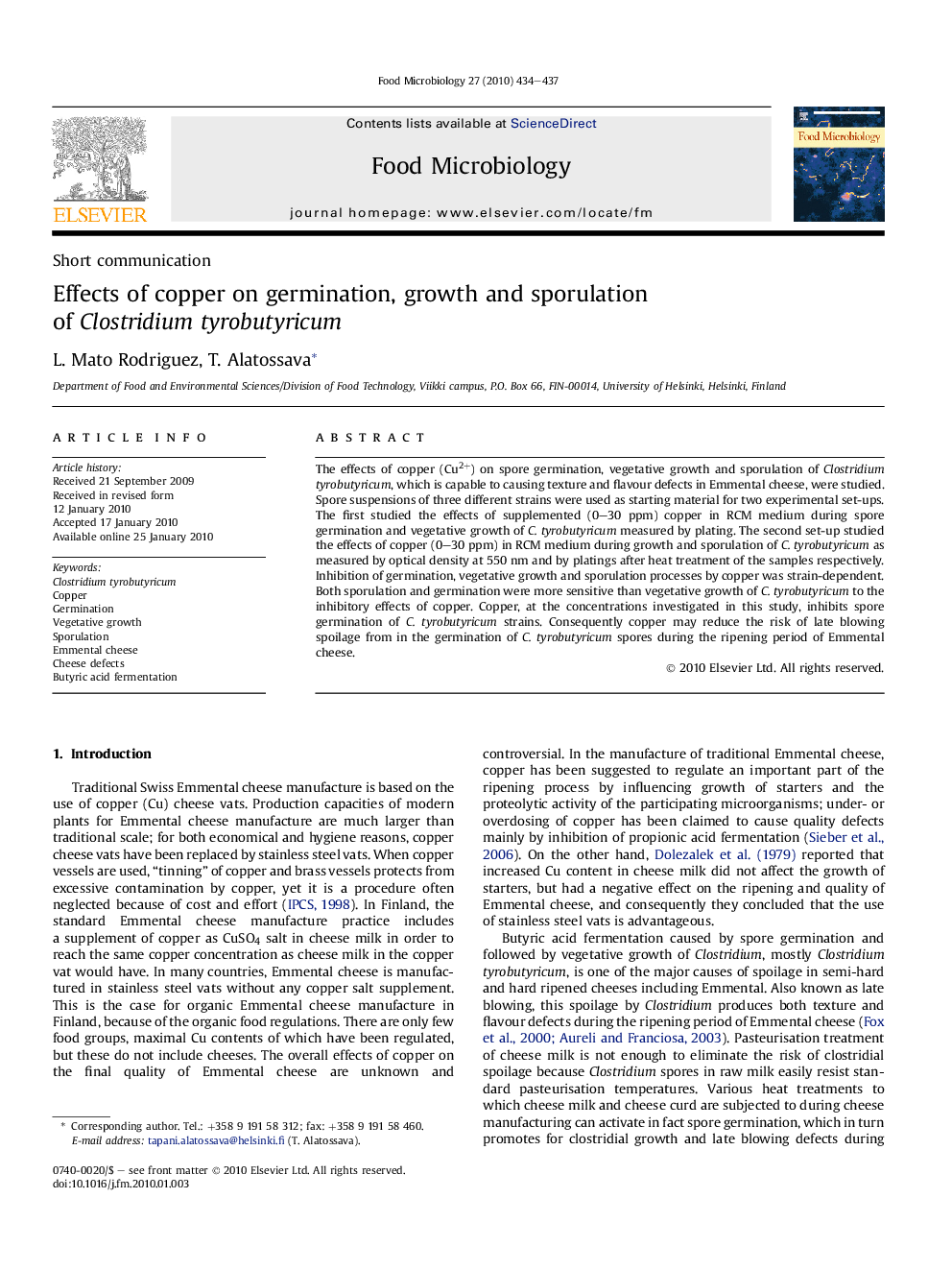 Effects of copper on germination, growth and sporulation of Clostridium tyrobutyricum