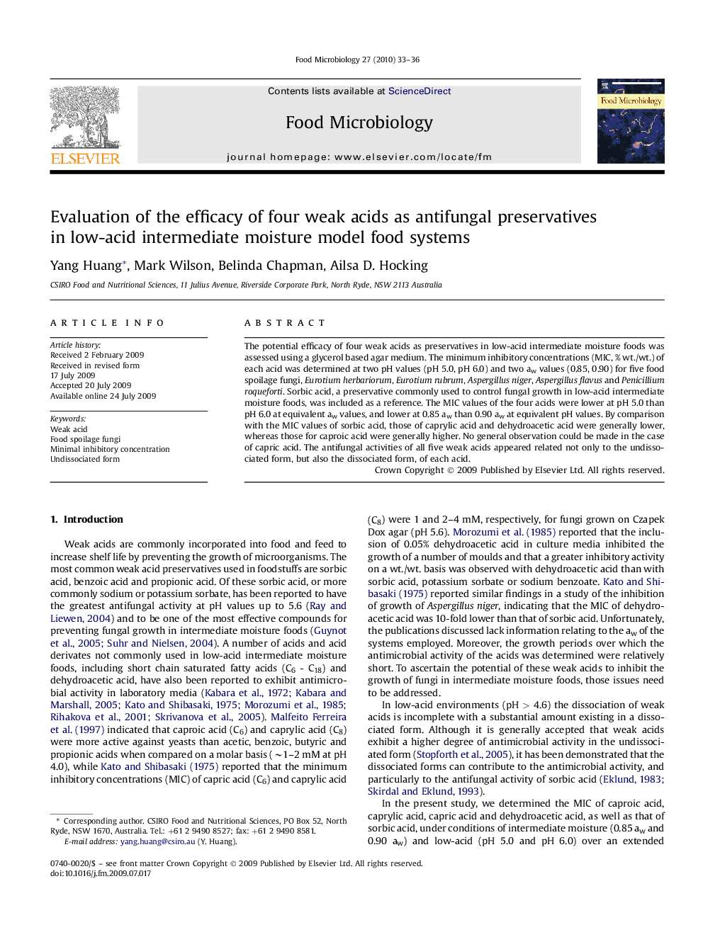 عکس صفحه اول مقاله: Evaluation of the efficacy of four weak acids as antifungal preservatives in low-acid intermediate moisture model food systems Evaluation of the efficacy of four weak acids as antifungal preservatives in low-acid intermediate moisture model food systems