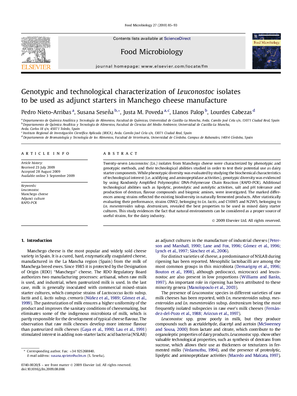 Genotypic and technological characterization of Leuconostoc isolates to be used as adjunct starters in Manchego cheese manufacture