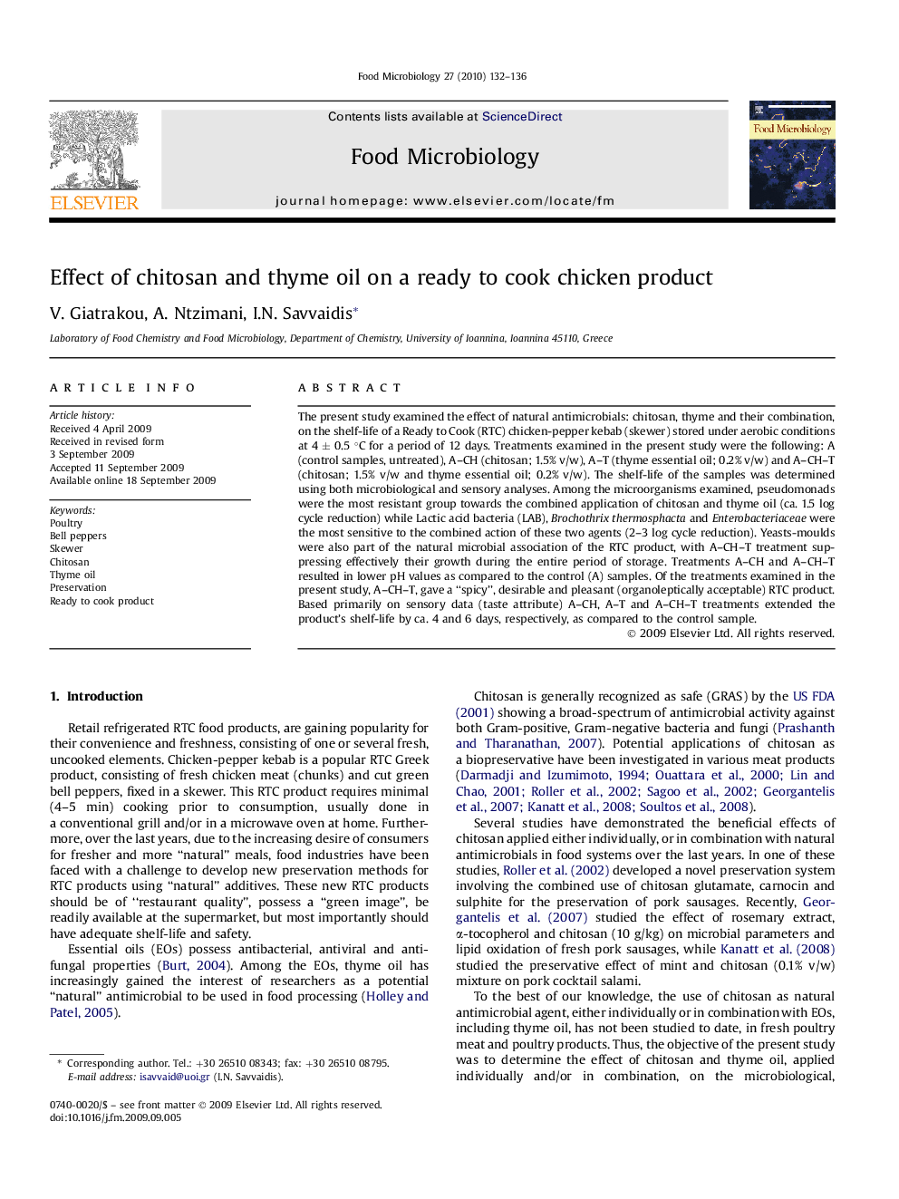 Effect of chitosan and thyme oil on a ready to cook chicken product