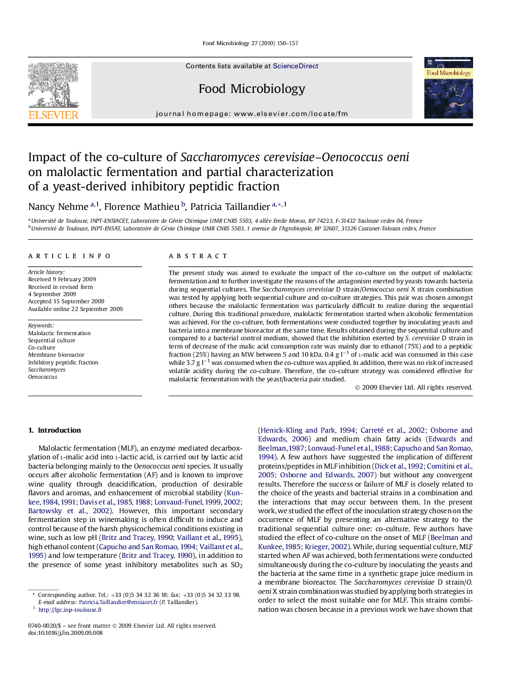 Impact of the co-culture of Saccharomyces cerevisiae-Oenococcus oeni on malolactic fermentation and partial characterization of a yeast-derived inhibitory peptidic fraction