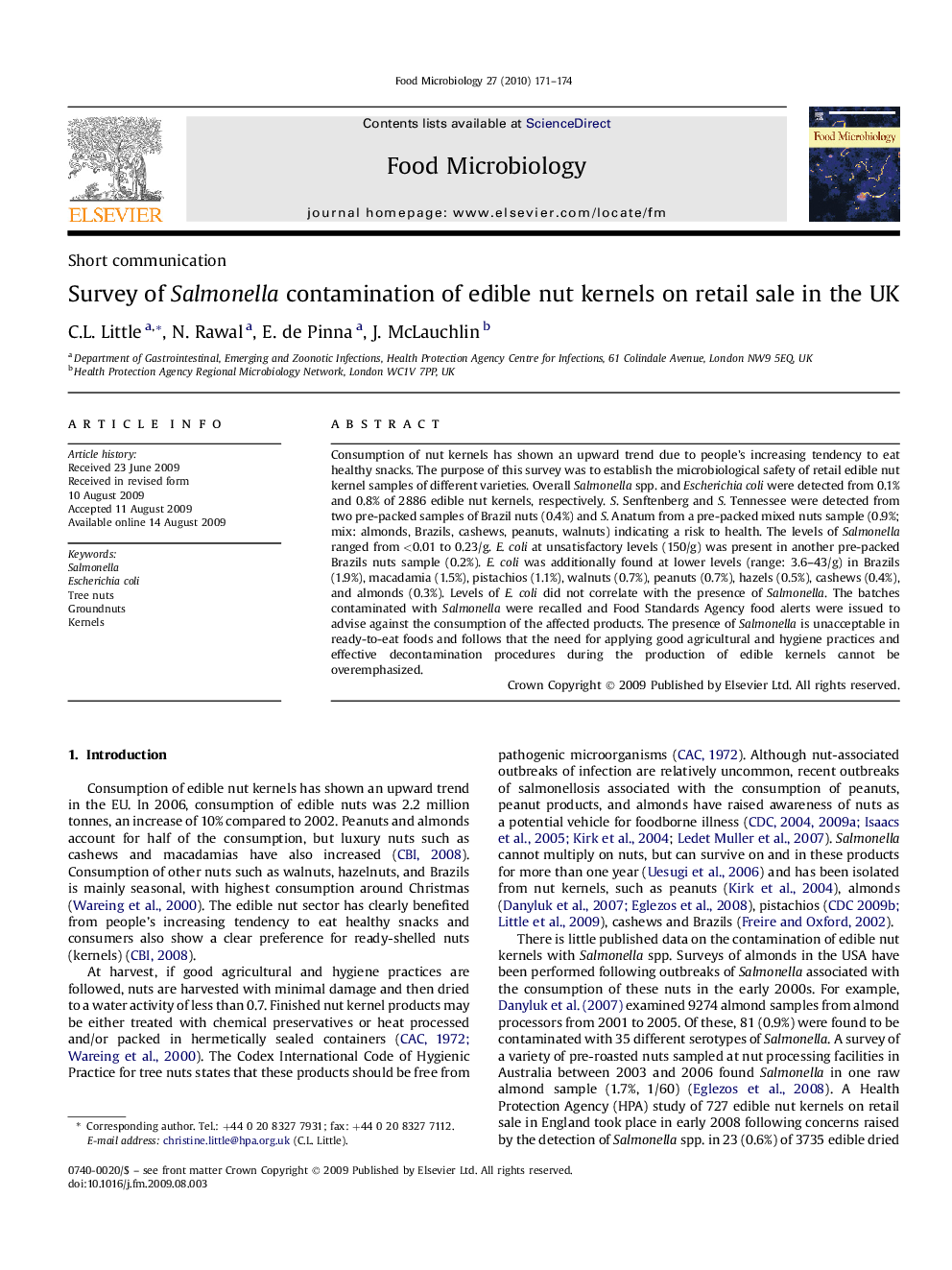 Survey of Salmonella contamination of edible nut kernels on retail sale in the UK