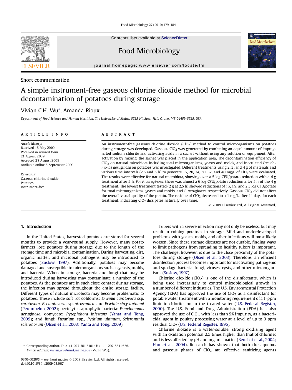 A simple instrument-free gaseous chlorine dioxide method for microbial decontamination of potatoes during storage