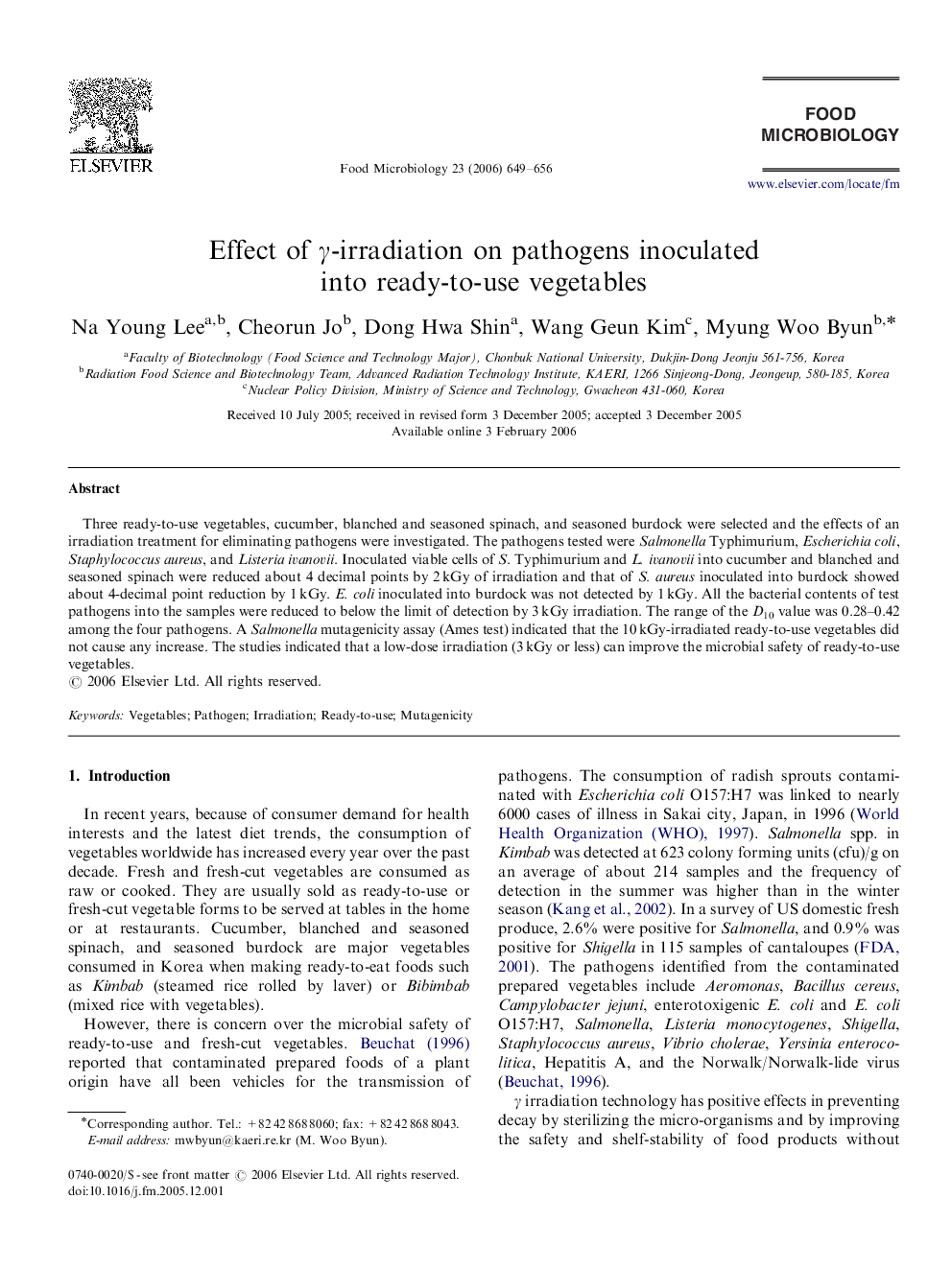 Effect of γ-irradiation on pathogens inoculated into ready-to-use vegetables