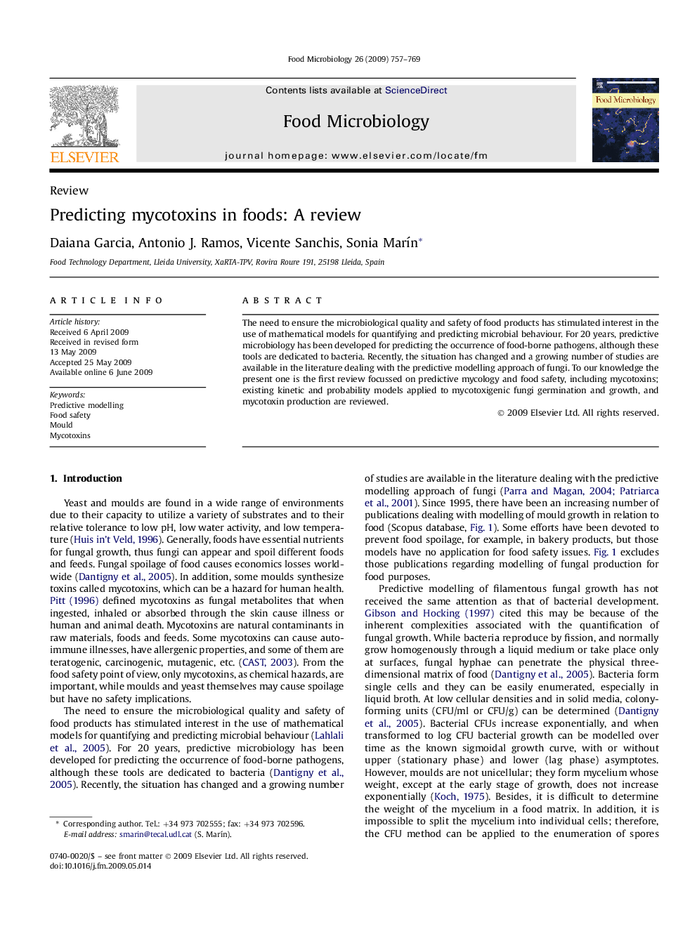 Predicting mycotoxins in foods: A review