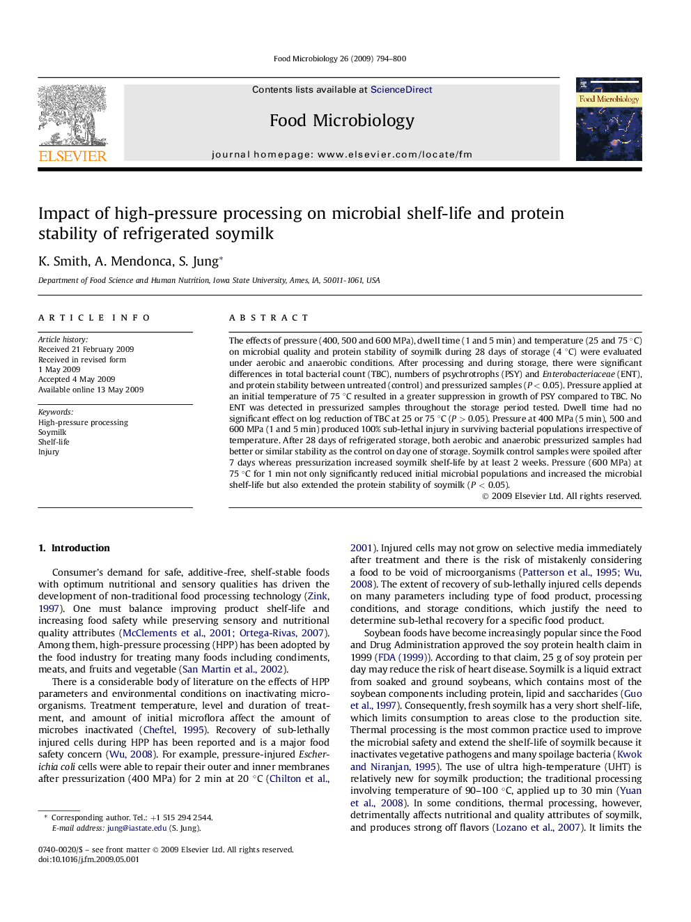 Impact of high-pressure processing on microbial shelf-life and protein stability of refrigerated soymilk