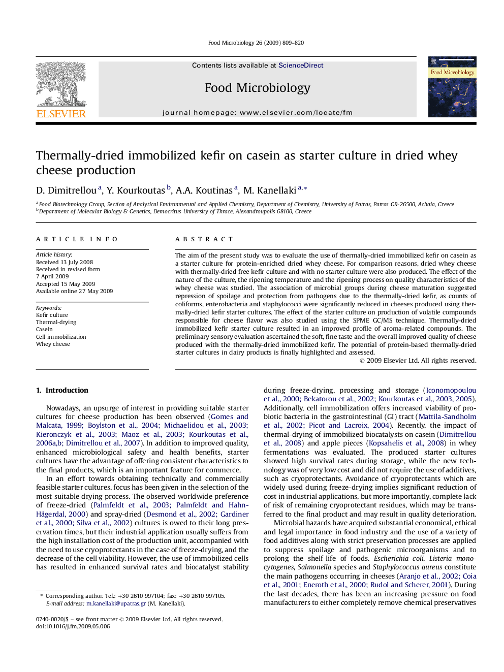 Thermally-dried immobilized kefir on casein as starter culture in dried whey cheese production