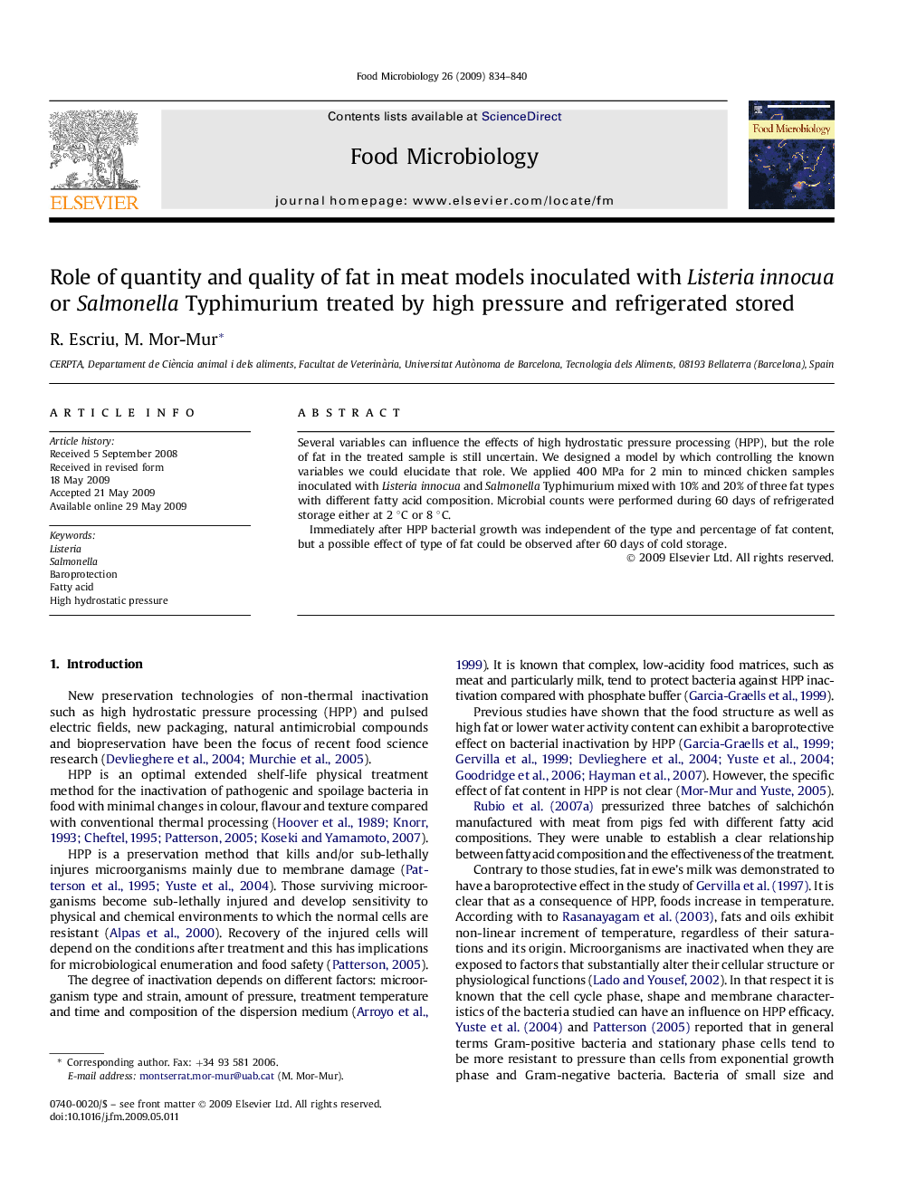 Role of quantity and quality of fat in meat models inoculated with Listeria innocua or Salmonella Typhimurium treated by high pressure and refrigerated stored