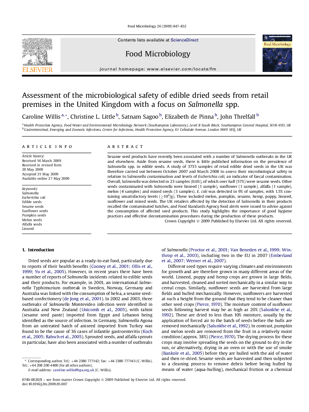 Assessment of the microbiological safety of edible dried seeds from retail premises in the United Kingdom with a focus on Salmonella spp.