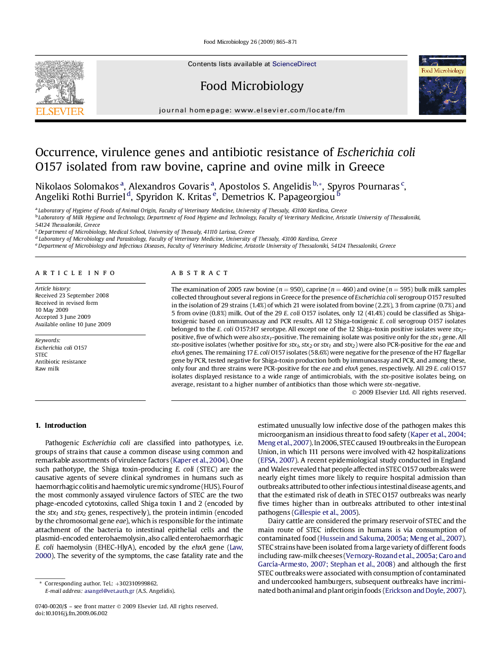 Occurrence, virulence genes and antibiotic resistance of Escherichia coli O157 isolated from raw bovine, caprine and ovine milk in Greece