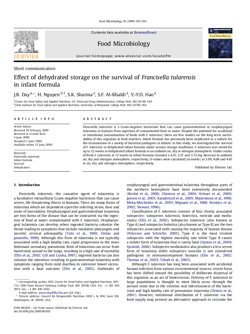 Effect of dehydrated storage on the survival of Francisella tularensis in infant formula