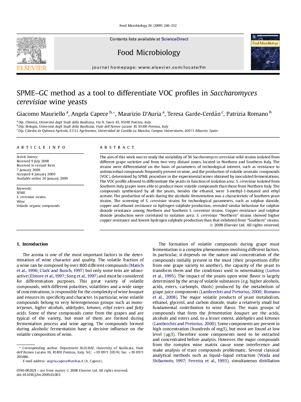 SPME–GC method as a tool to differentiate VOC profiles in Saccharomyces cerevisiae wine yeasts