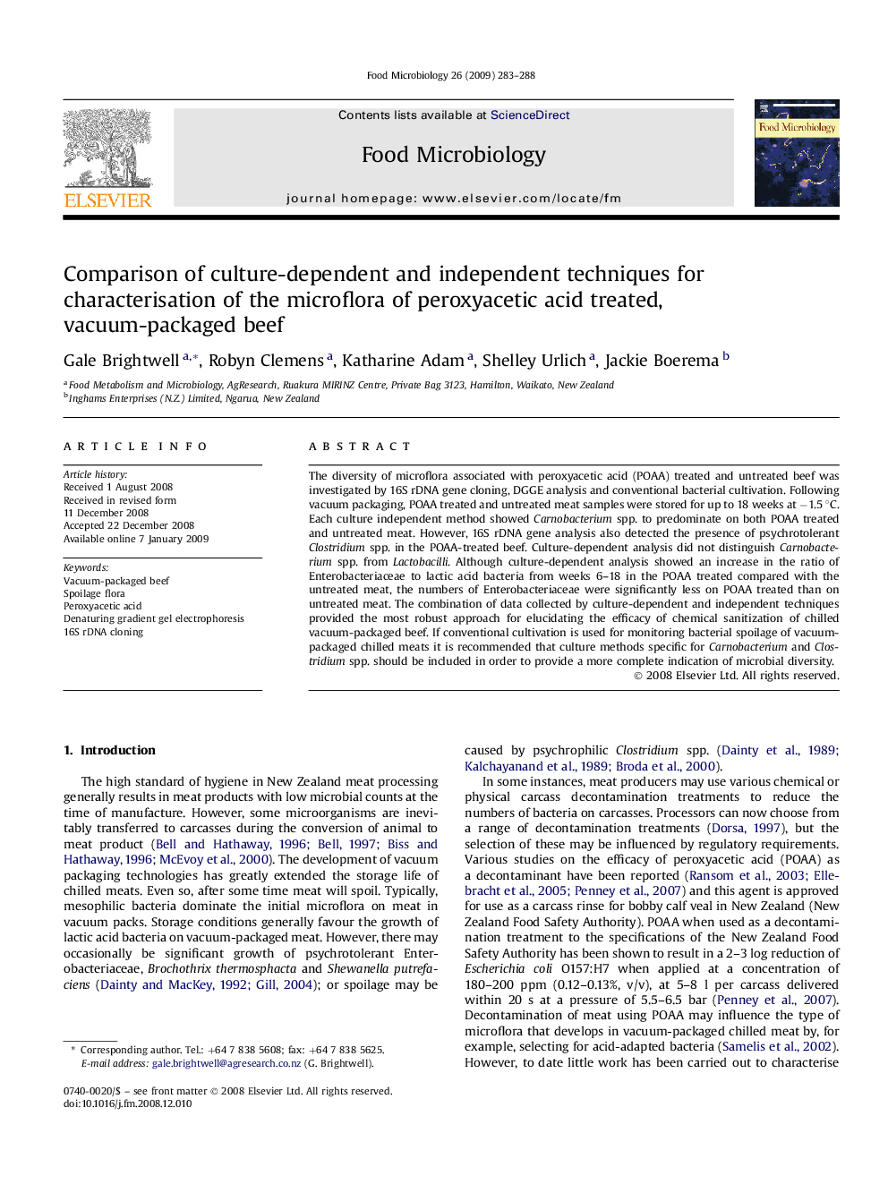 Comparison of culture-dependent and independent techniques for characterisation of the microflora of peroxyacetic acid treated, vacuum-packaged beef