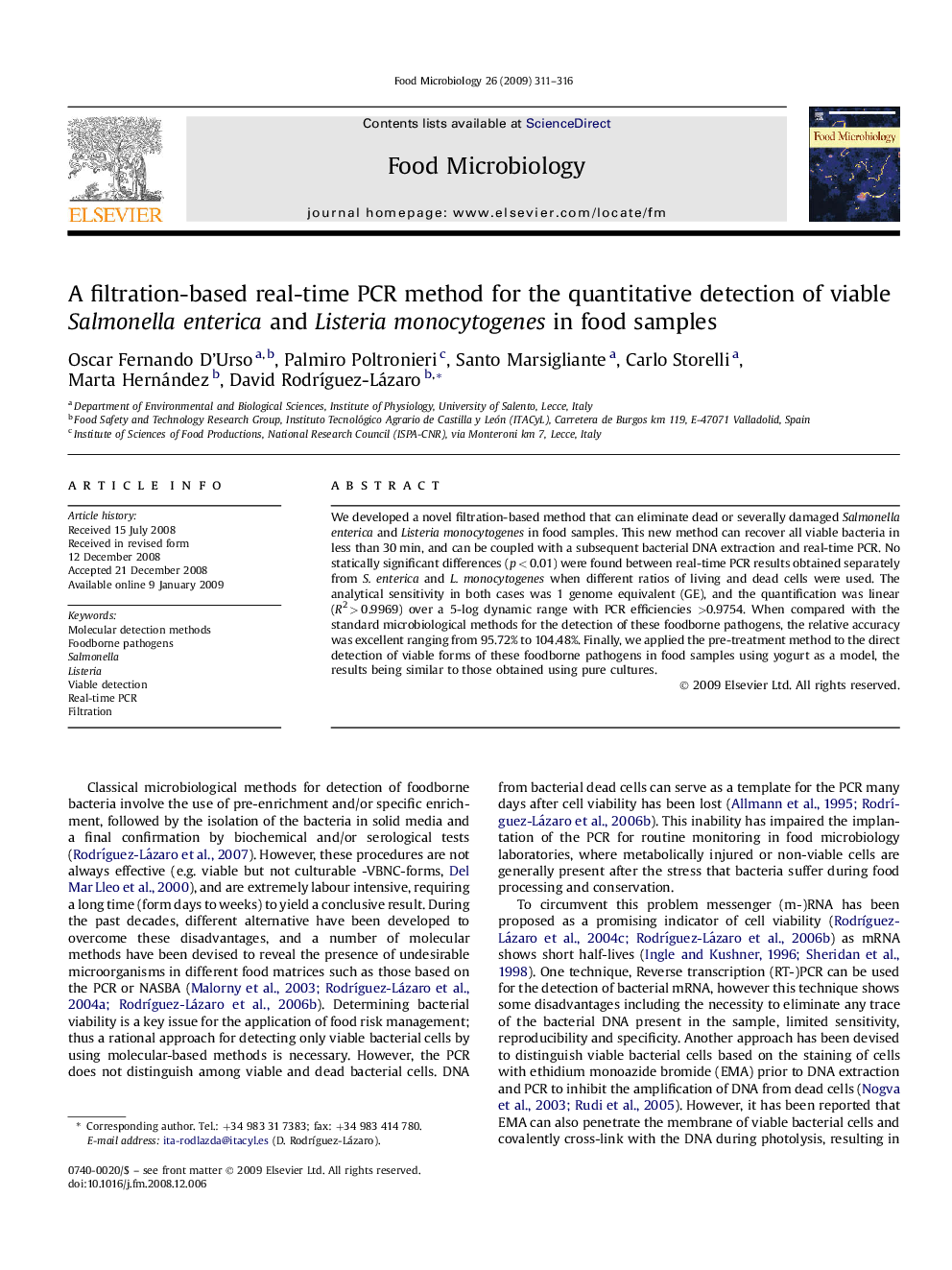 A filtration-based real-time PCR method for the quantitative detection of viable Salmonella enterica and Listeria monocytogenes in food samples