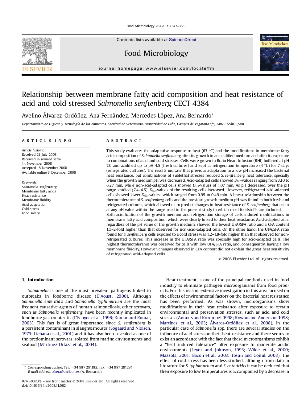 Relationship between membrane fatty acid composition and heat resistance of acid and cold stressed Salmonella senftenberg CECT 4384