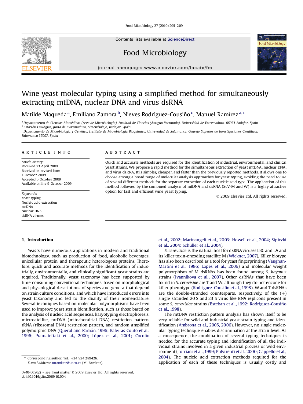 Wine yeast molecular typing using a simplified method for simultaneously extracting mtDNA, nuclear DNA and virus dsRNA