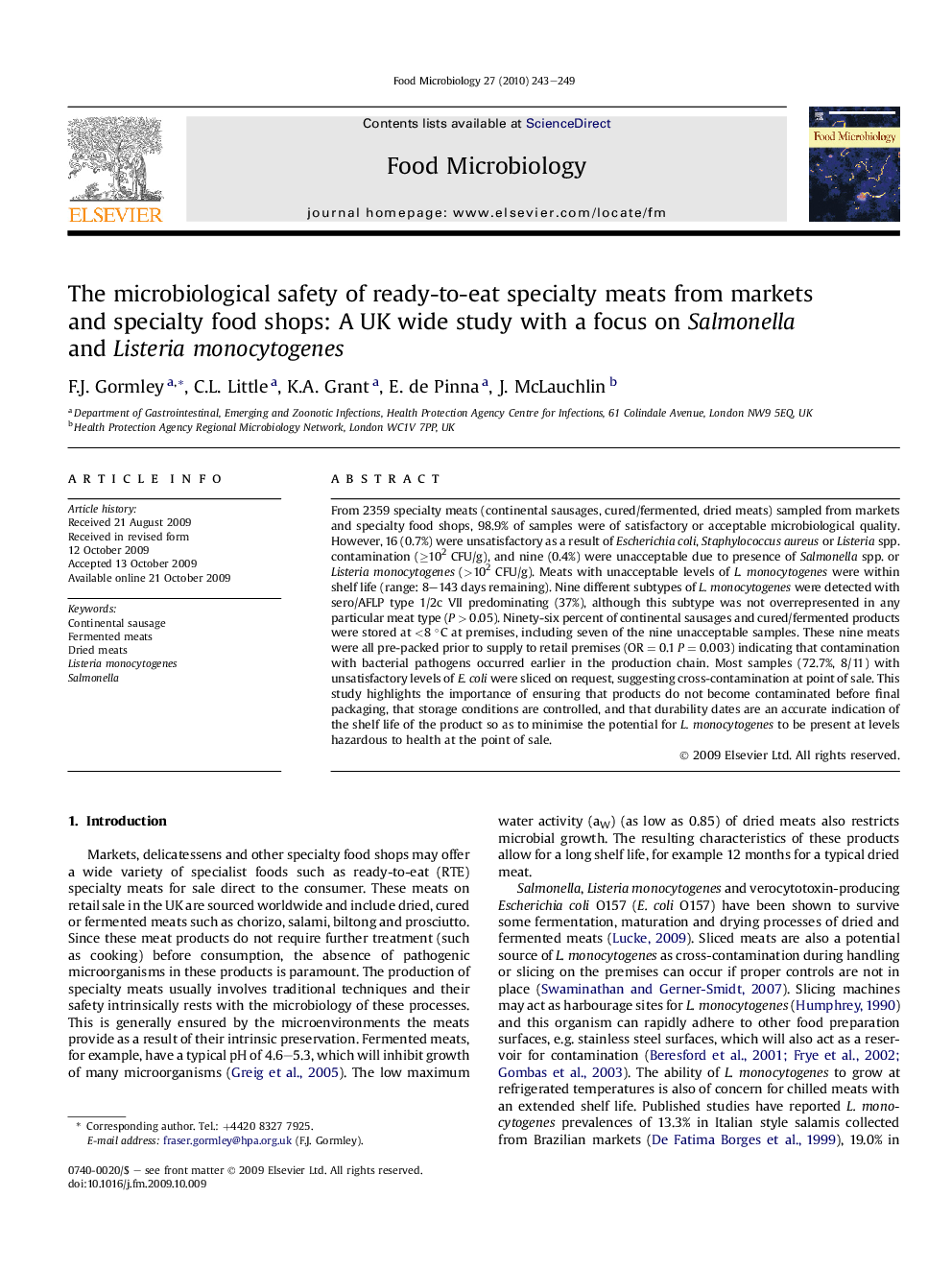 The microbiological safety of ready-to-eat specialty meats from markets and specialty food shops: A UK wide study with a focus on Salmonella and Listeria monocytogenes