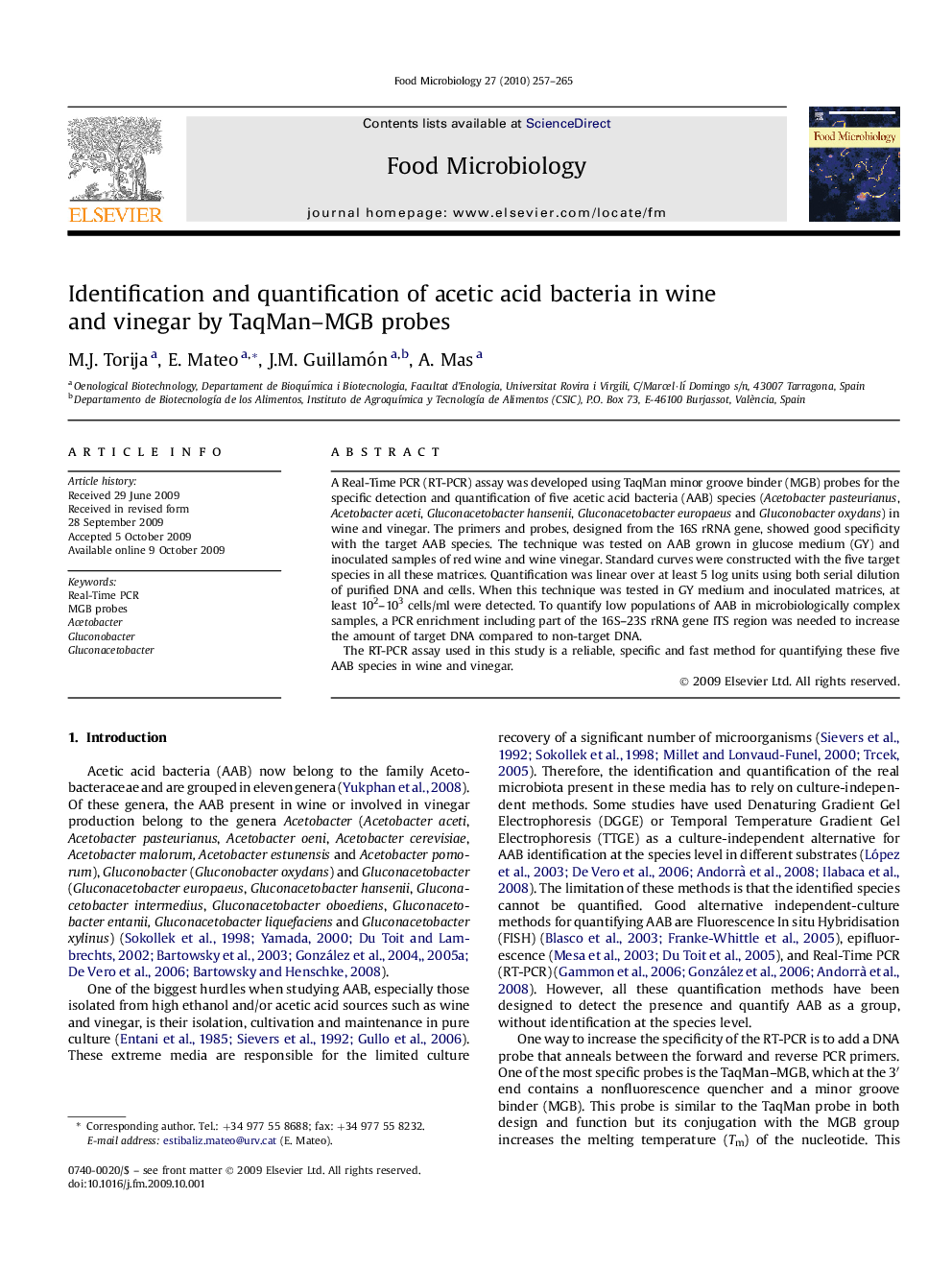 Identification and quantification of acetic acid bacteria in wine and vinegar by TaqMan–MGB probes