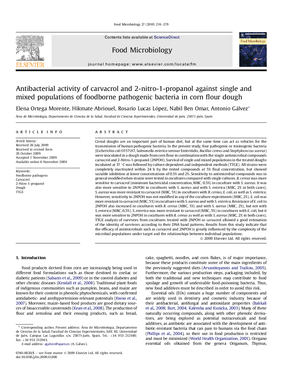 Antibacterial activity of carvacrol and 2-nitro-1-propanol against single and mixed populations of foodborne pathogenic bacteria in corn flour dough