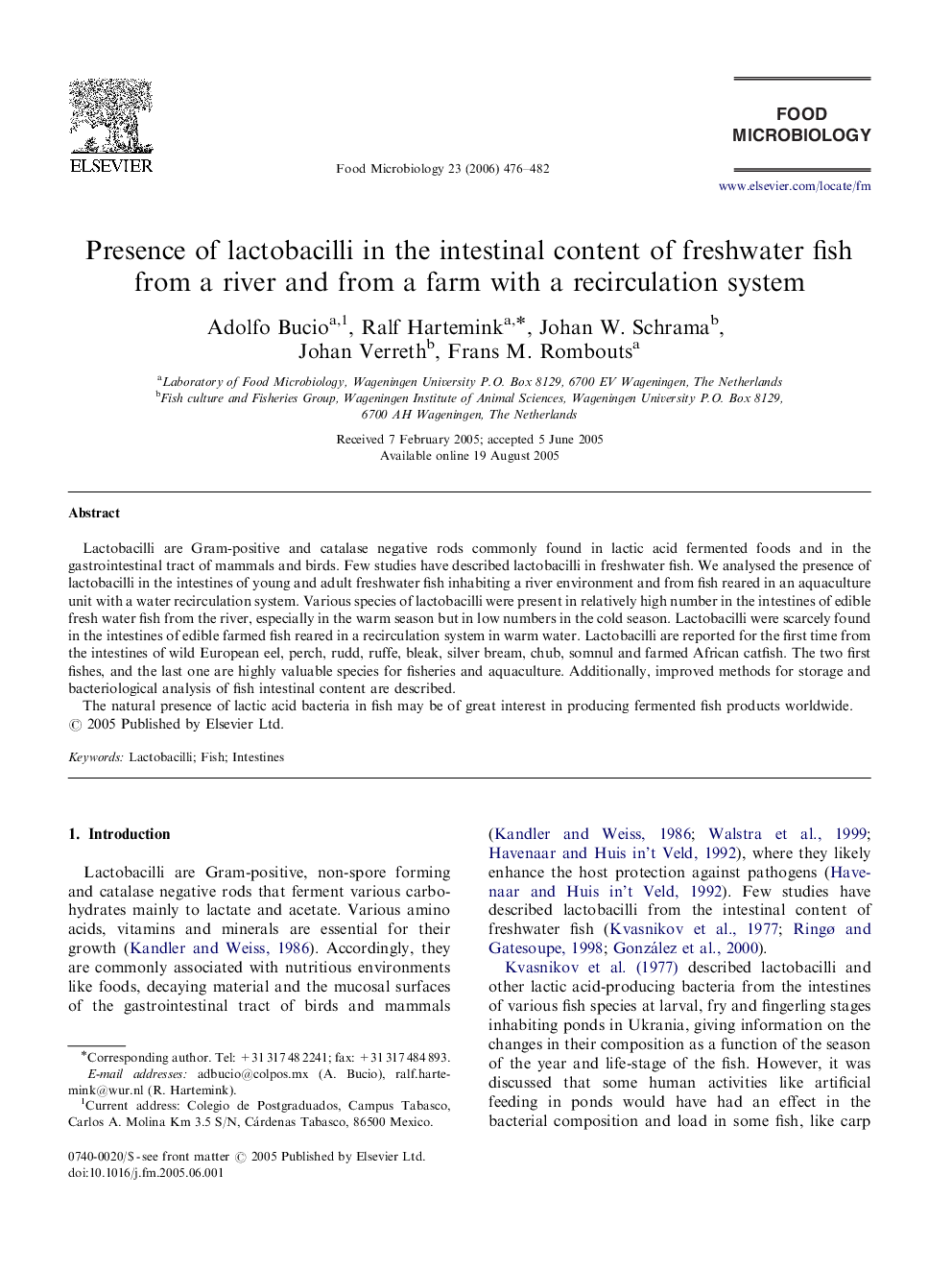 Presence of lactobacilli in the intestinal content of freshwater fish from a river and from a farm with a recirculation system