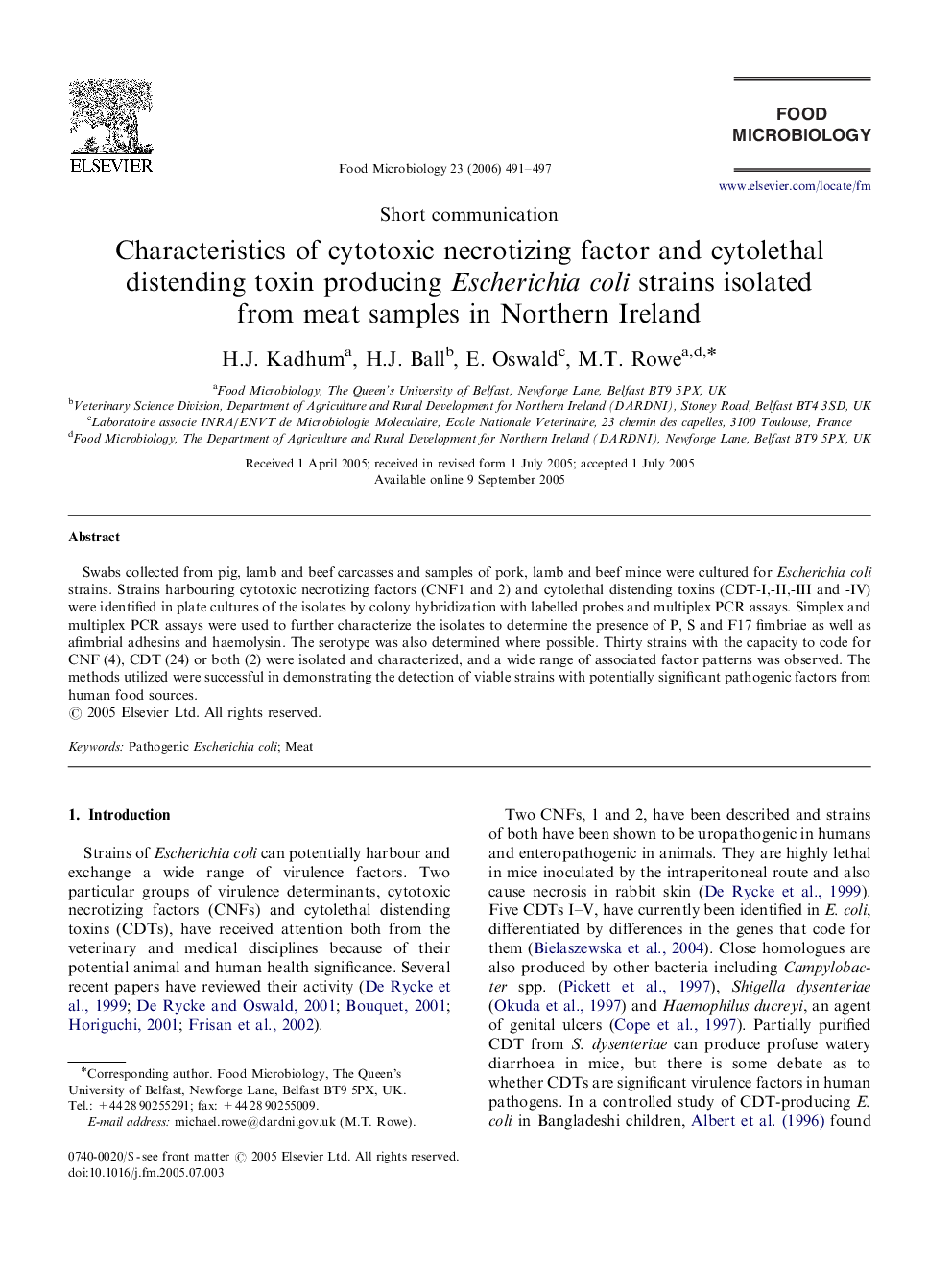 Characteristics of cytotoxic necrotizing factor and cytolethal distending toxin producing Escherichia coli strains isolated from meat samples in Northern Ireland