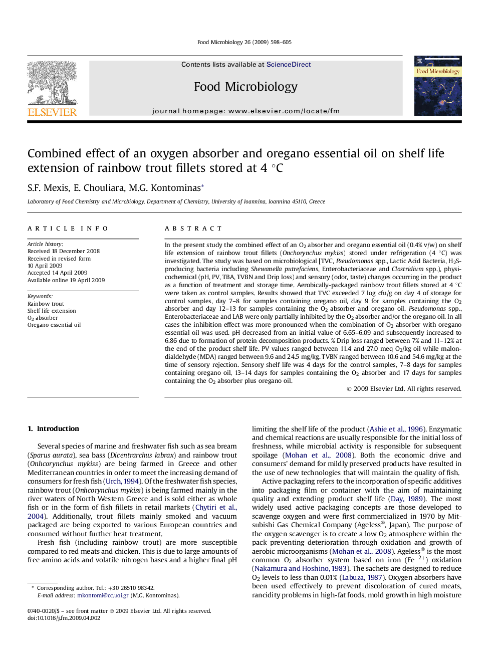 Combined effect of an oxygen absorber and oregano essential oil on shelf life extension of rainbow trout fillets stored at 4 °C