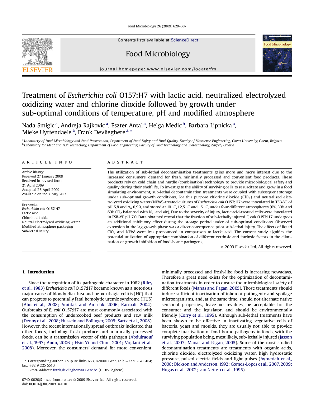 Treatment of Escherichia coli O157:H7 with lactic acid, neutralized electrolyzed oxidizing water and chlorine dioxide followed by growth under sub-optimal conditions of temperature, pH and modified atmosphere