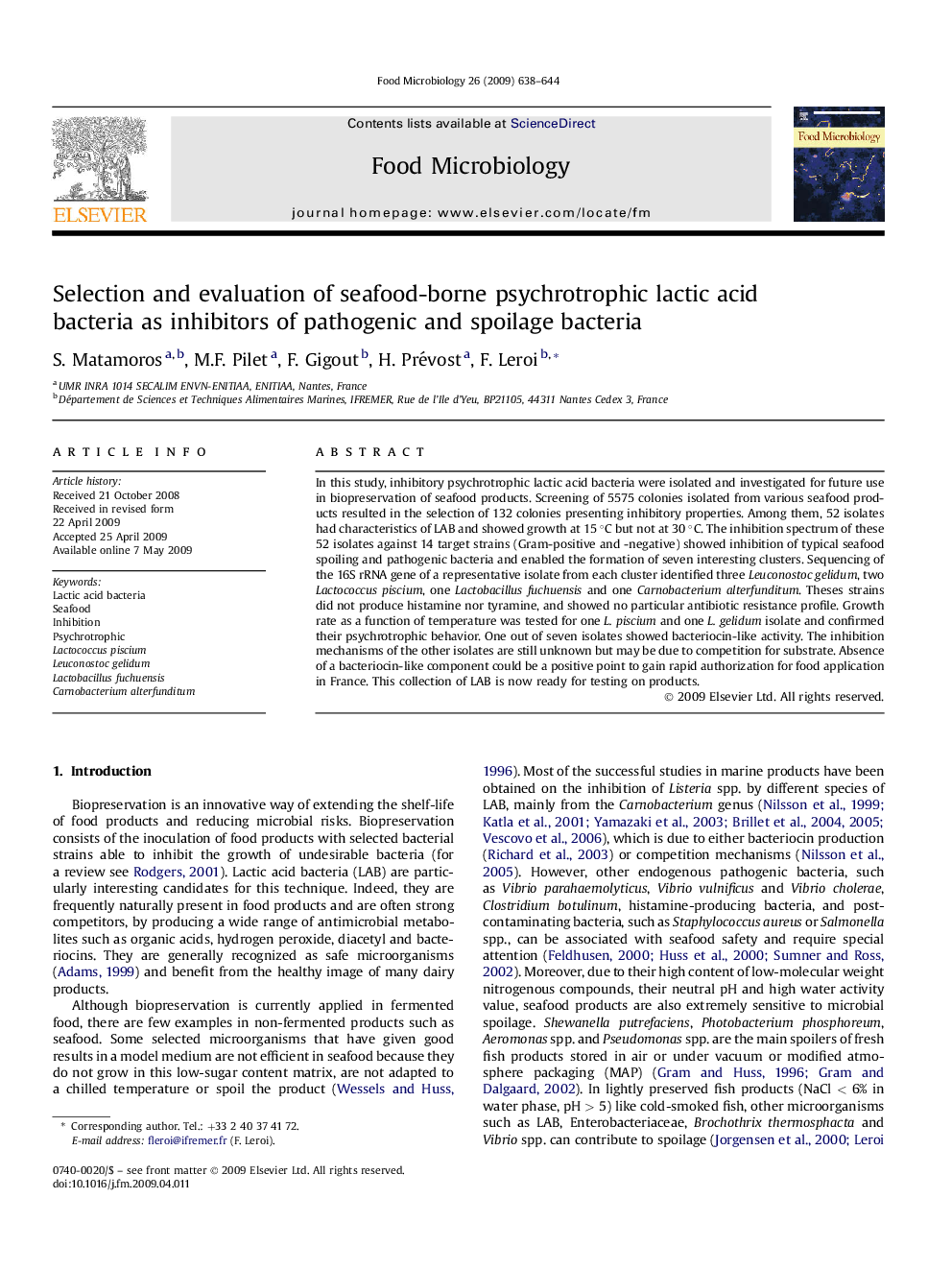 عکس صفحه اول مقاله: Selection and evaluation of seafood-borne psychrotrophic lactic acid bacteria as inhibitors of pathogenic and spoilage bacteria Selection and evaluation of seafood-borne psychrotrophic lactic acid bacteria as inhibitors of pathogenic and spoilage bacteria