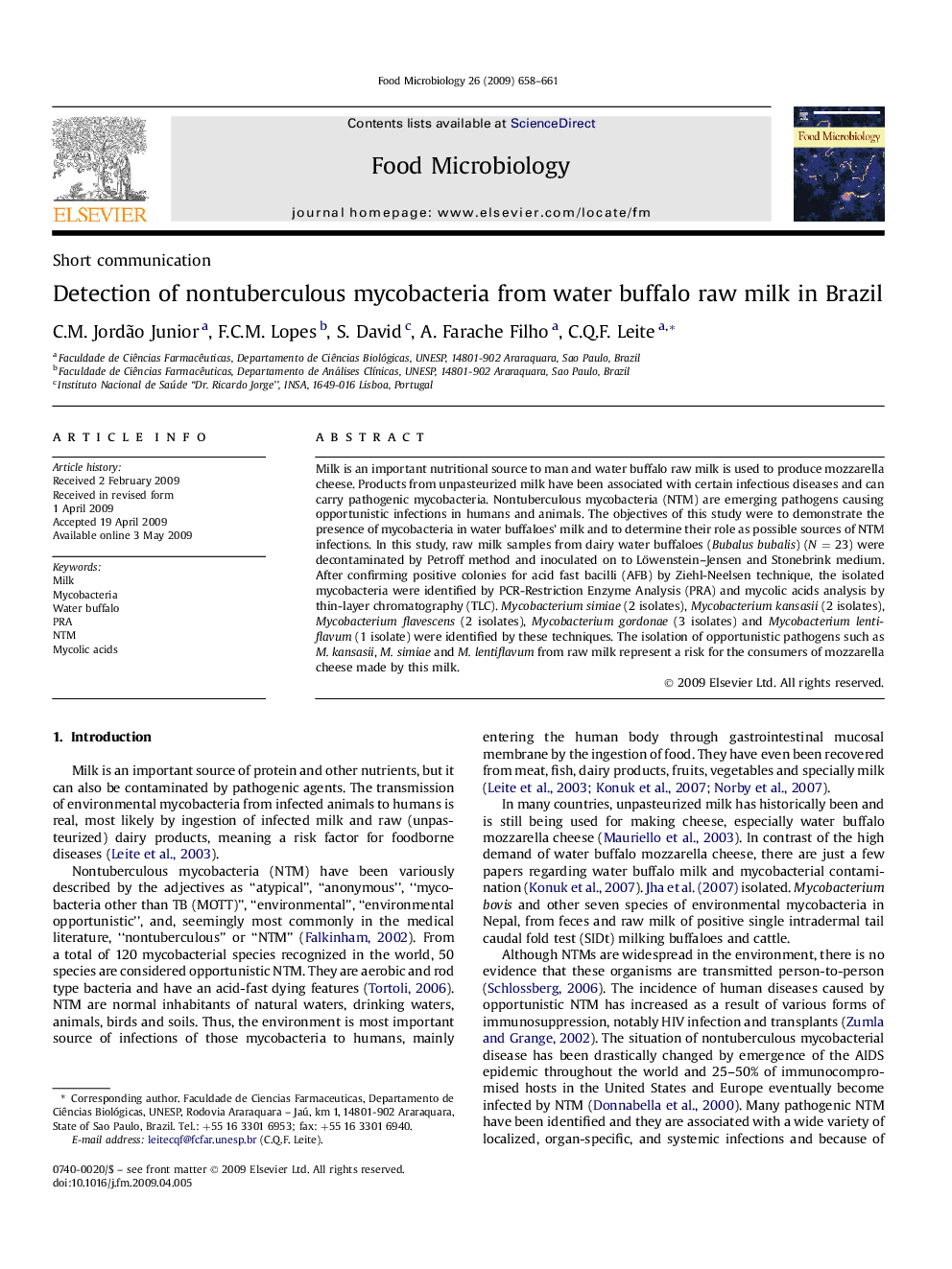 Detection of nontuberculous mycobacteria from water buffalo raw milk in Brazil