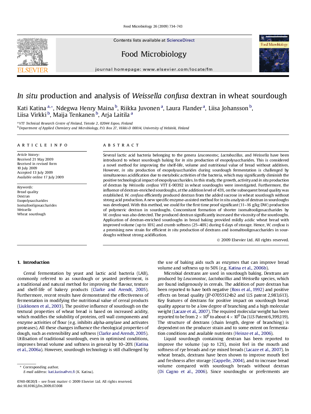 In situ production and analysis of Weissella confusa dextran in wheat sourdough