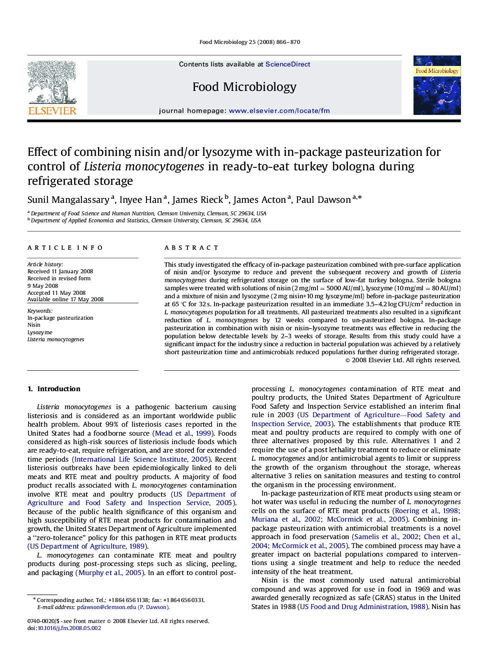 Effect of combining nisin and/or lysozyme with in-package pasteurization for control of Listeria monocytogenes in ready-to-eat turkey bologna during refrigerated storage