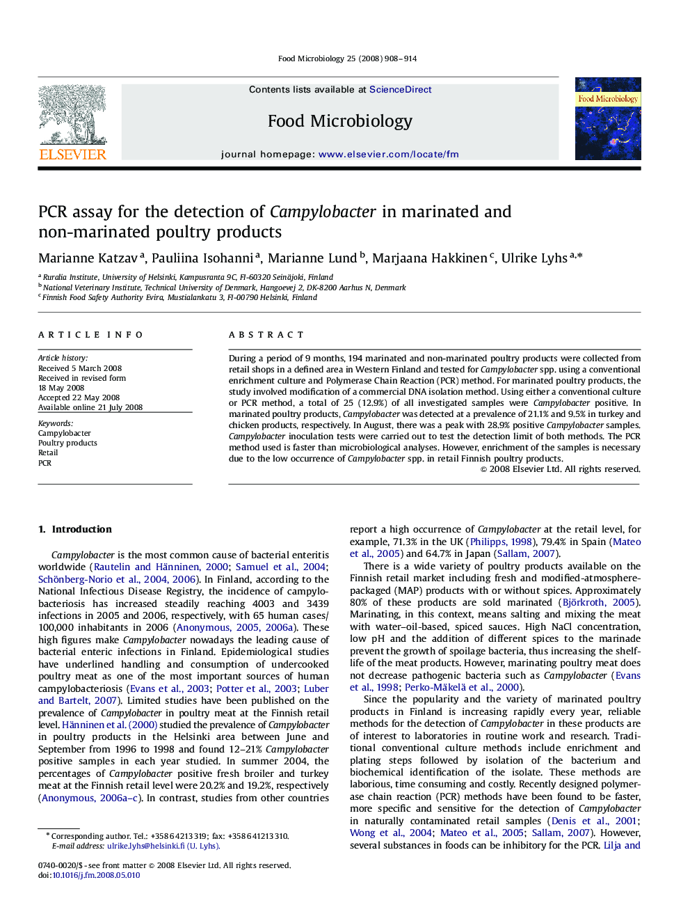 PCR assay for the detection of Campylobacter in marinated and non-marinated poultry products