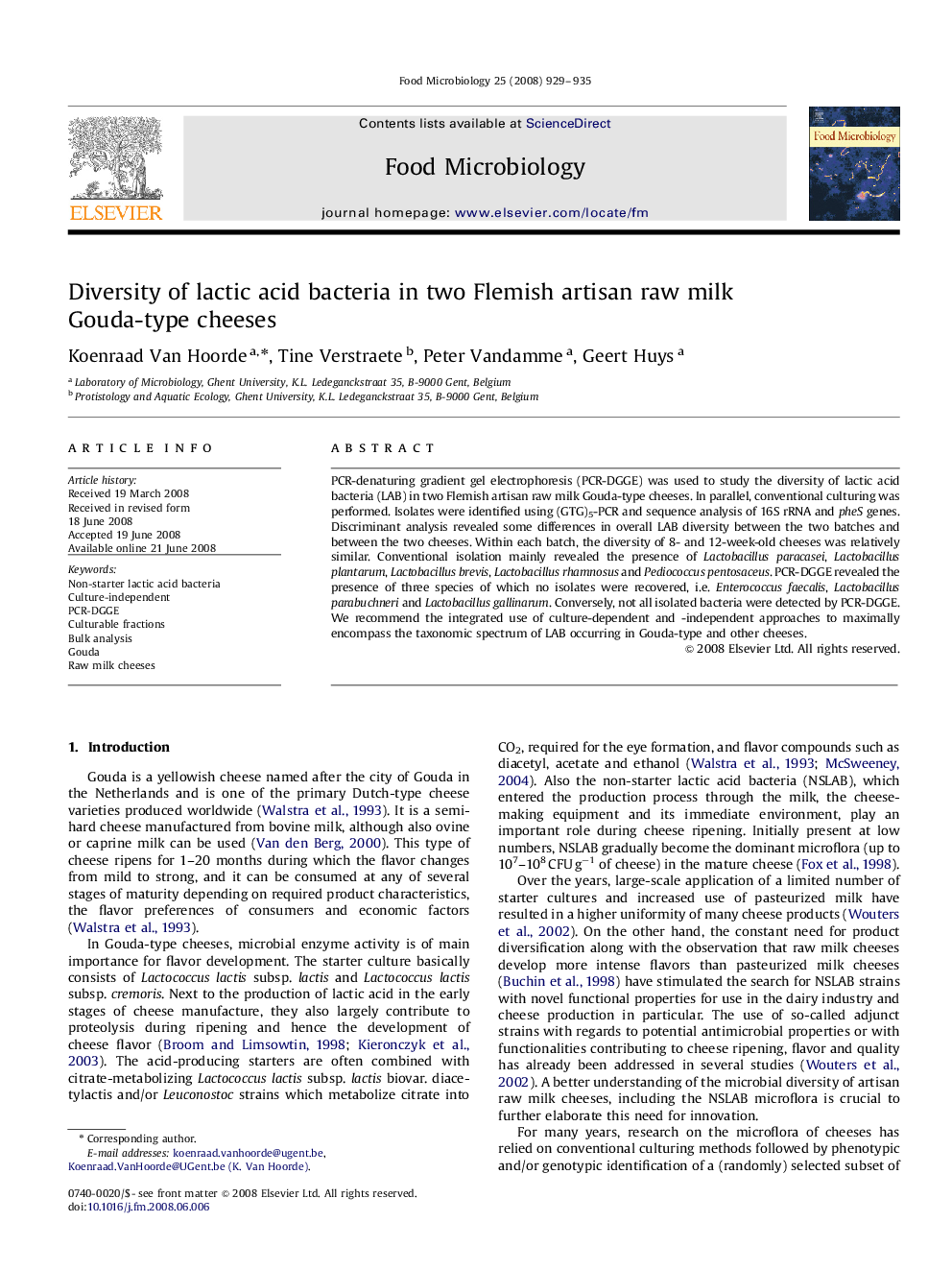 Diversity of lactic acid bacteria in two Flemish artisan raw milk Gouda-type cheeses