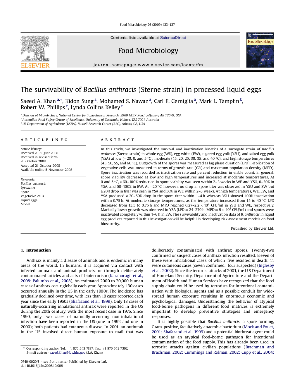 The survivability of Bacillus anthracis (Sterne strain) in processed liquid eggs