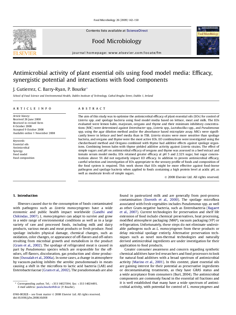 Antimicrobial activity of plant essential oils using food model media: Efficacy, synergistic potential and interactions with food components