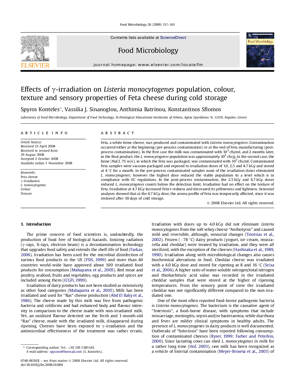 Effects of γ-irradiation on Listeria monocytogenes population, colour, texture and sensory properties of Feta cheese during cold storage