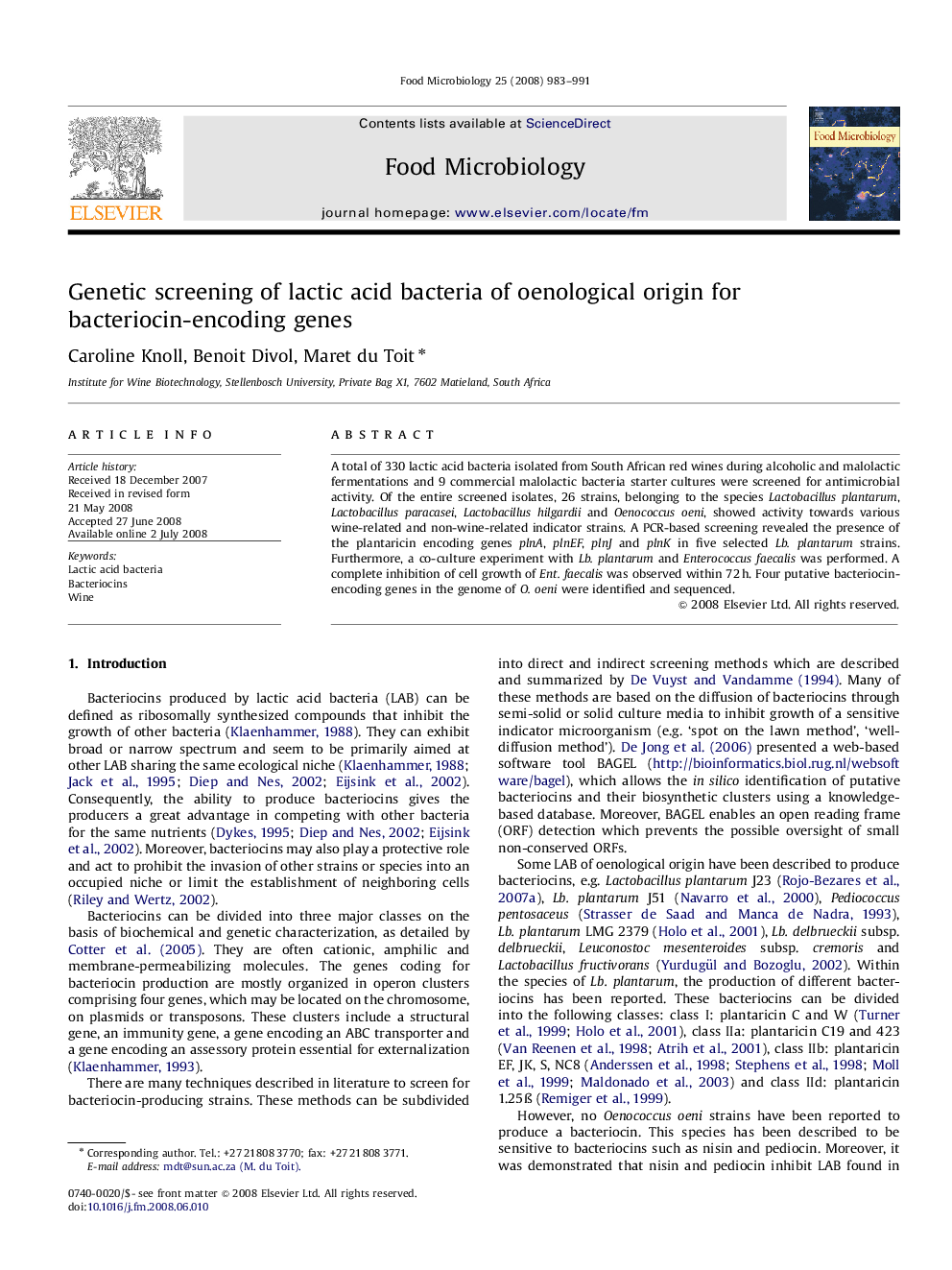 Genetic screening of lactic acid bacteria of oenological origin for bacteriocin-encoding genes