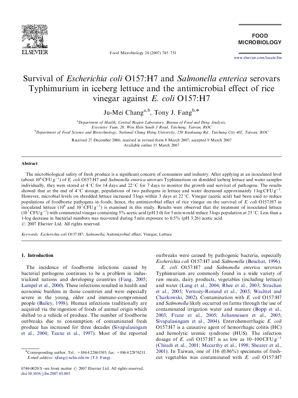 Survival of Escherichia coli O157:H7 and Salmonella enterica serovars Typhimurium in iceberg lettuce and the antimicrobial effect of rice vinegar against E. coli O157:H7
