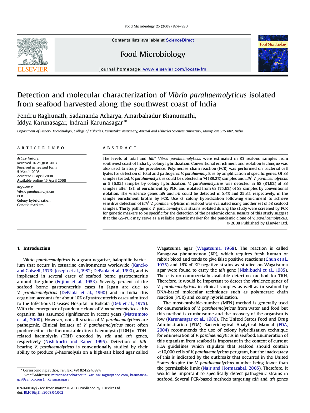 Detection and molecular characterization of Vibrio parahaemolyticus isolated from seafood harvested along the southwest coast of India