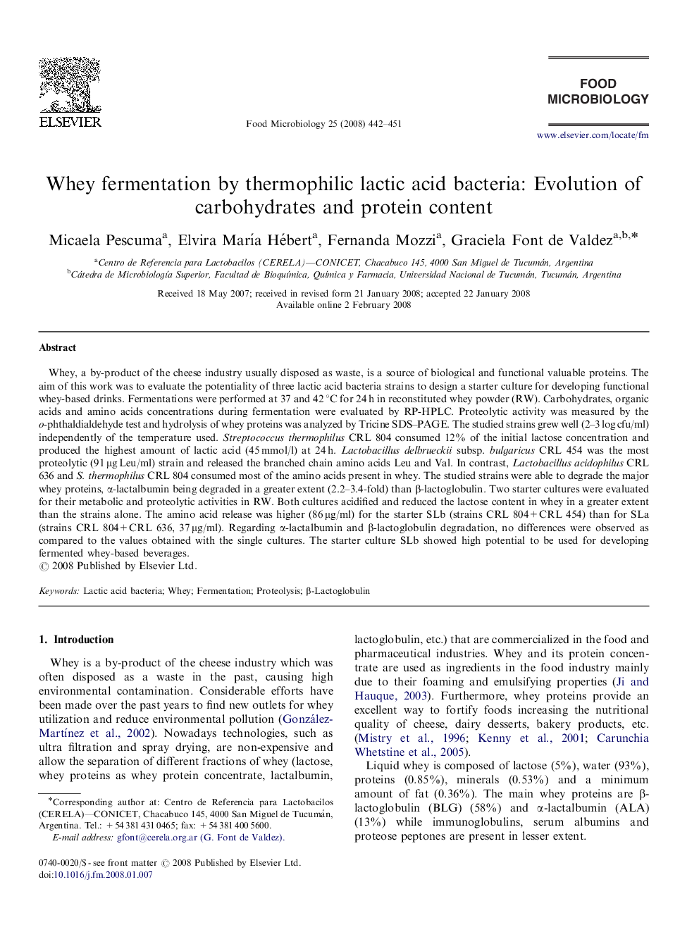 Whey fermentation by thermophilic lactic acid bacteria: Evolution of carbohydrates and protein content