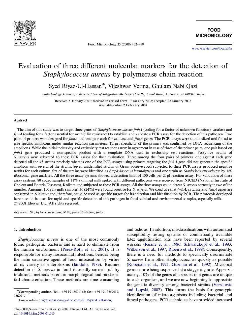 Evaluation of three different molecular markers for the detection of Staphylococcus aureus by polymerase chain reaction