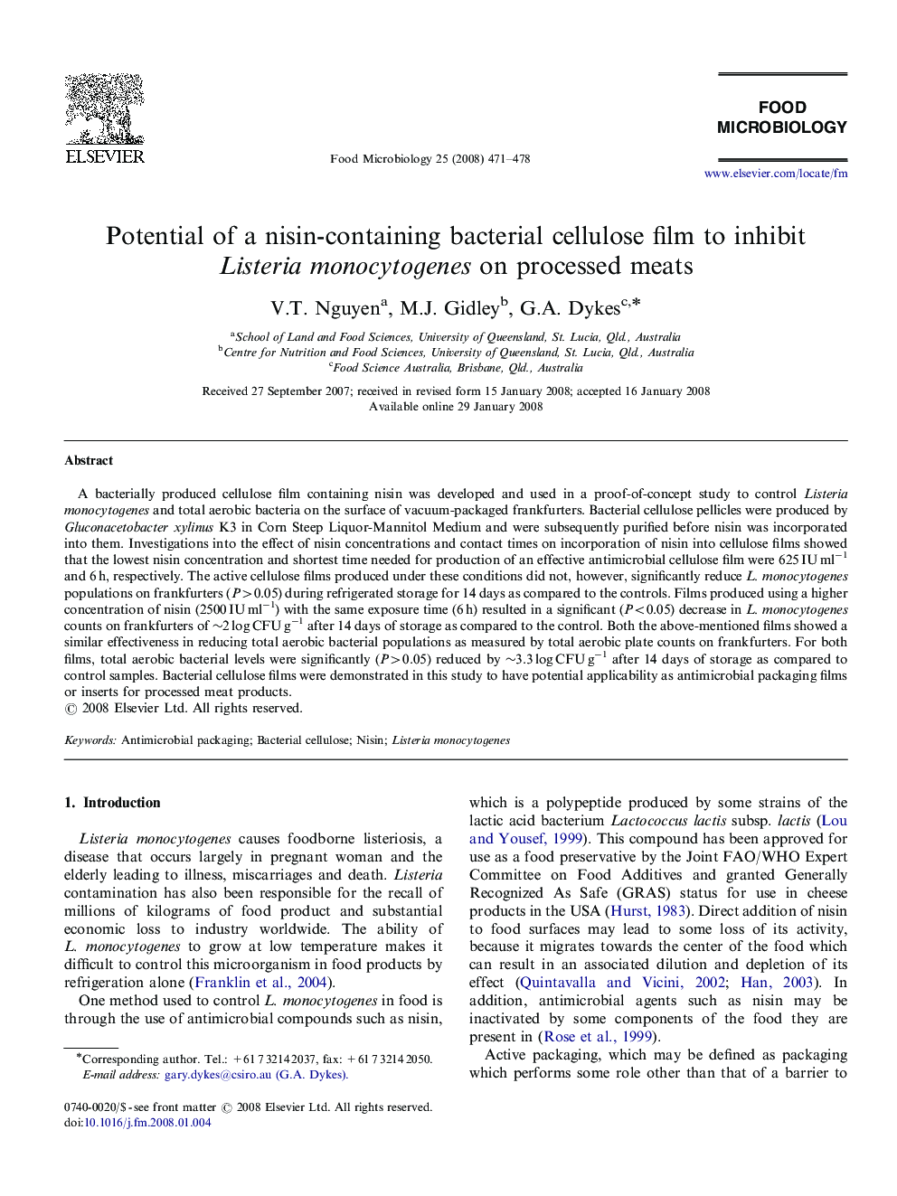 Potential of a nisin-containing bacterial cellulose film to inhibit Listeria monocytogenes on processed meats