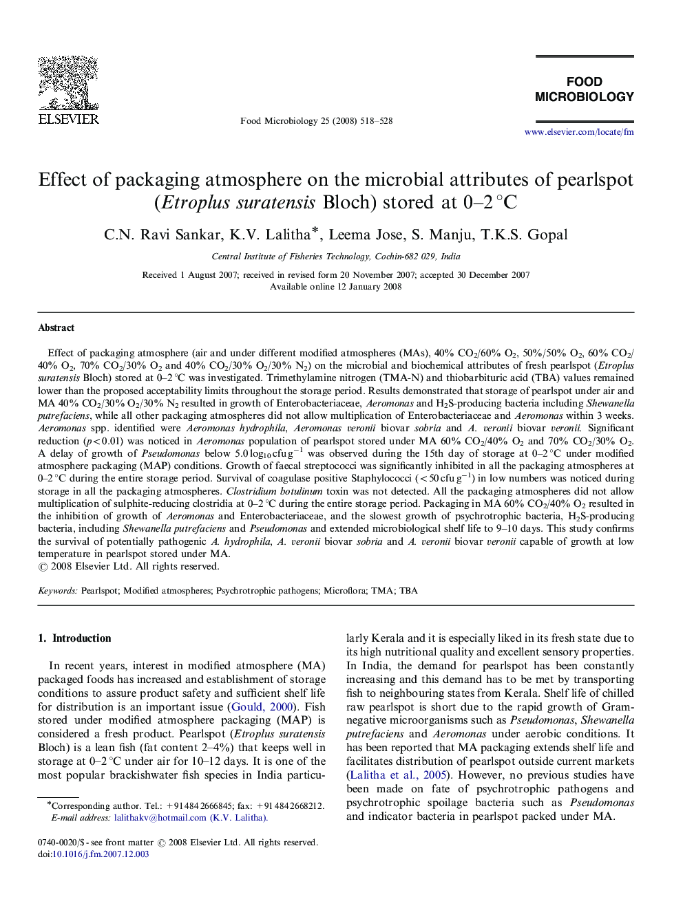 Effect of packaging atmosphere on the microbial attributes of pearlspot (Etroplus suratensis Bloch) stored at 0–2 °C