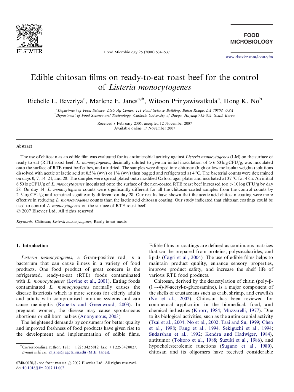 Edible chitosan films on ready-to-eat roast beef for the control of Listeria monocytogenes