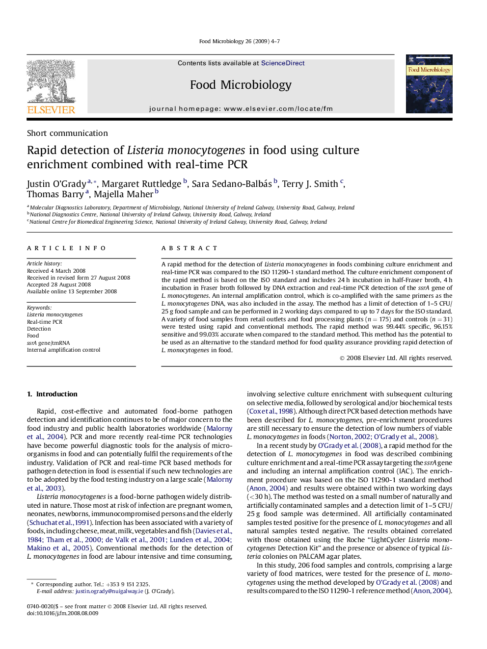 Rapid detection of Listeria monocytogenes in food using culture enrichment combined with real-time PCR