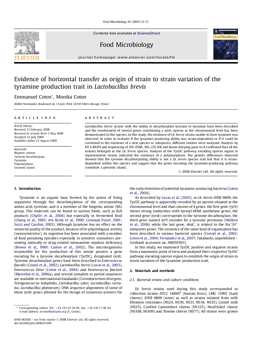 Evidence of horizontal transfer as origin of strain to strain variation of the tyramine production trait in Lactobacillus brevis