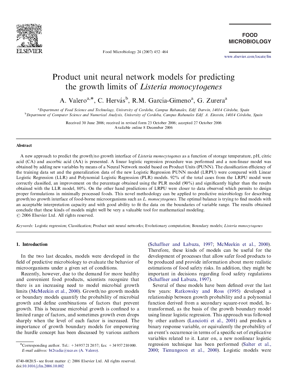 Product unit neural network models for predicting the growth limits of Listeria monocytogenes