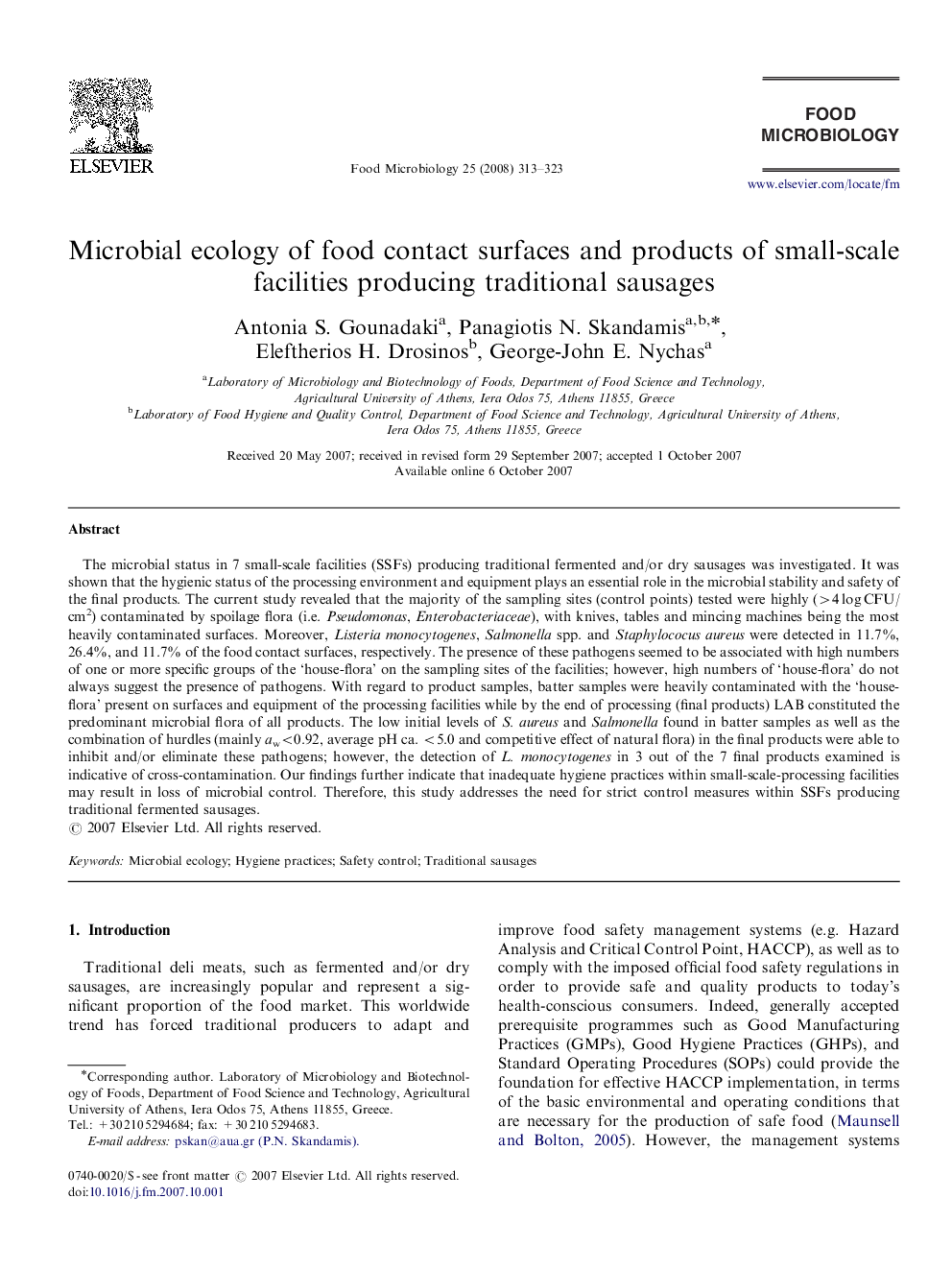 Microbial ecology of food contact surfaces and products of small-scale facilities producing traditional sausages