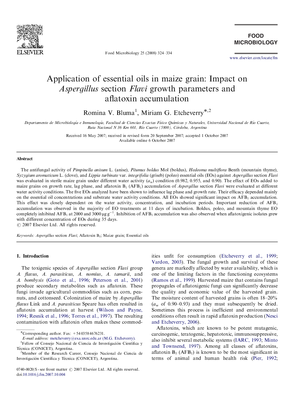 Application of essential oils in maize grain: Impact on Aspergillus section Flavi growth parameters and aflatoxin accumulation