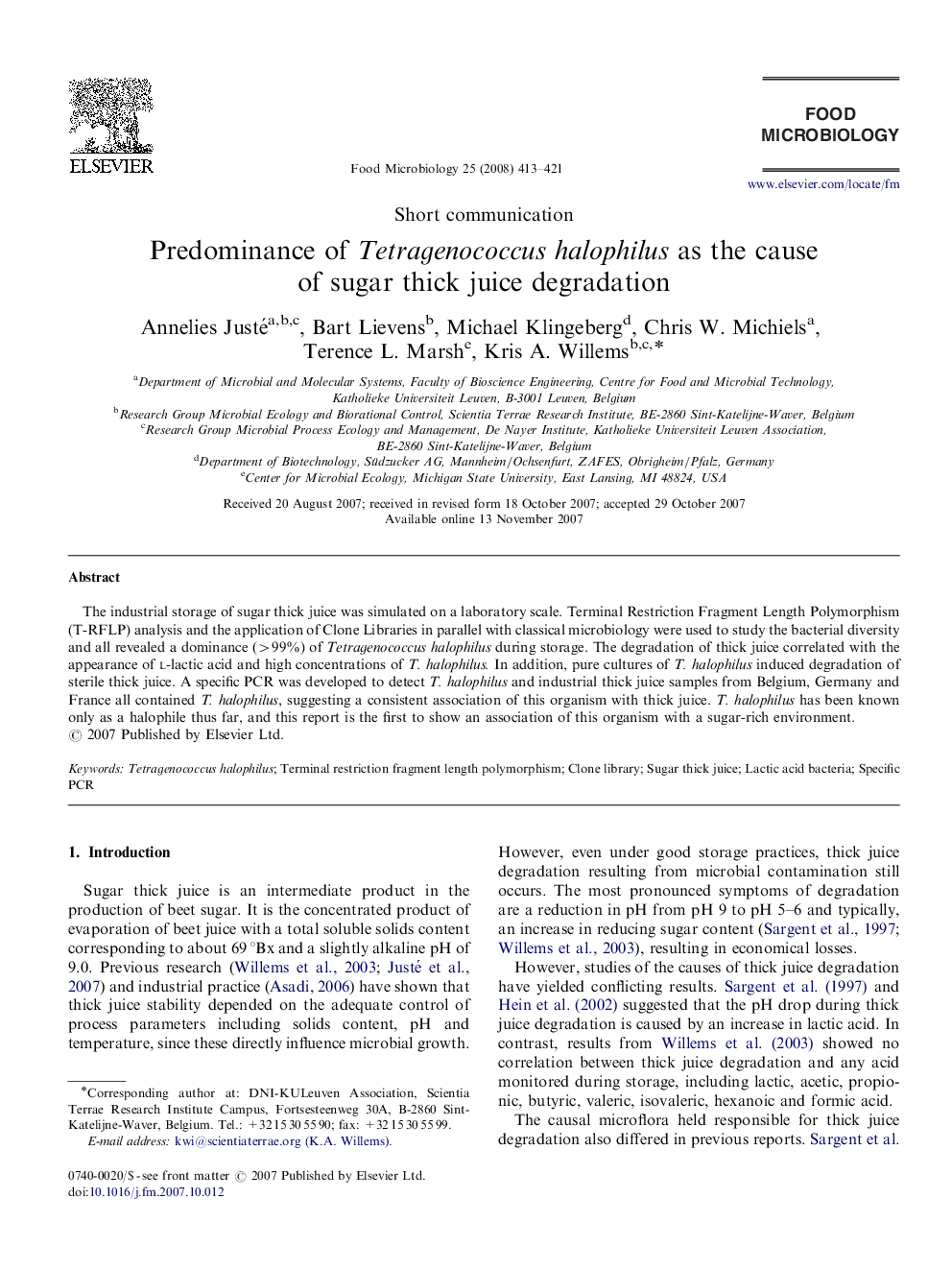 Predominance of Tetragenococcus halophilus as the cause of sugar thick juice degradation